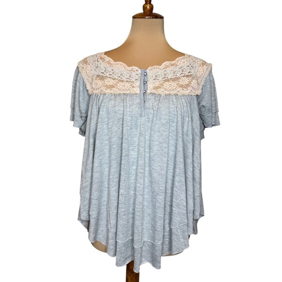 Free People Gray Lace Baby Doll Flutter Sleeve Top Womens M - Picture 1 of 5